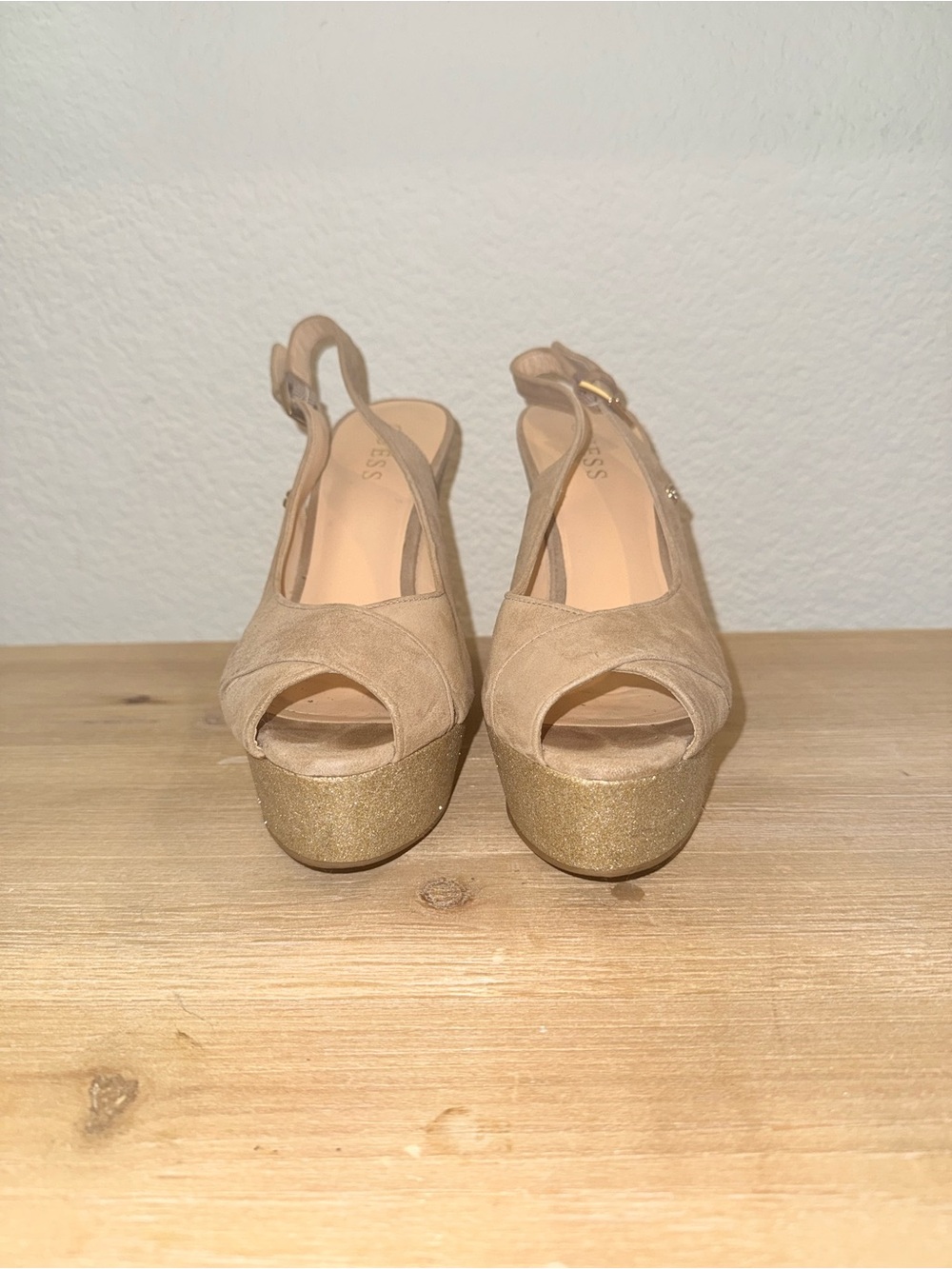 Guess Beige Peep-Toe Wedge Sandals with Glitter Platform, Size 38 - Picture 4 of 8